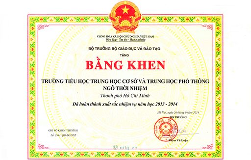 Bằng khen của Bộ Giáo dục và Đào tạo năm học 2013 - 2014