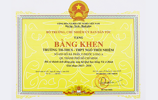 Bằng khen của Bộ trưởng, chủ nhiệm ủy ban dân tộc năm 2016