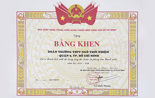 Bằng khen Đã hoàn thành xuất sắc công tác Đoàn và phong trào thanh niên năm học 2015-2016
