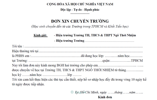 Biểu mẫu Đơn xin chuyển trường trong Tp. HCM