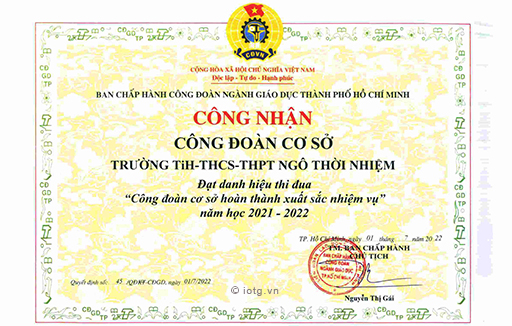 Công đoàn cơ sở đạt danh hiệu thi đua hoàn thành xuất sắc nhiệm vụ năm học 2021 - 2022