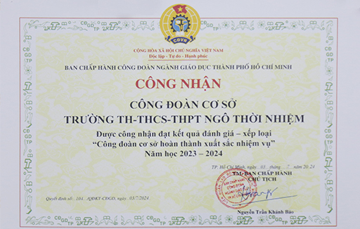 Công nhận Công đoàn cơ sở hoàn thành xuất sắc nhiệm vụ năm học 2023 - 2024