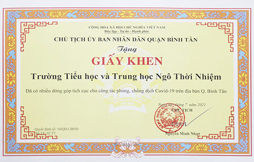 Giấy khen trường có nhiều đóng góp tích cực cho công tác phòng, chống dịch Covid-19 ở quận Bình Tân