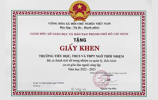 Giấy khen trường Đã có thành tích tốt trong nhiệm vụ quản lý, điều hành cơ sở giáo dục ngoài công lập năm học 2022-2023
