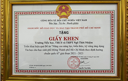Trường Ngô Thời Nhiệm được Sở GDĐT Tp.HCM tặng giấy khen về thành tích trong ứng dụng tin học quốc tế