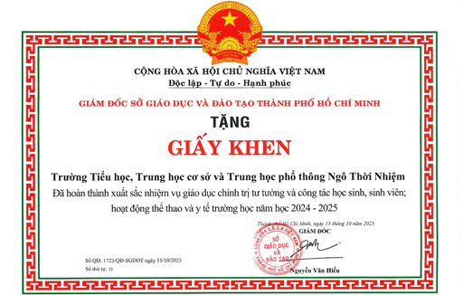 Trường Ngô Thời Nhiệm nhận giấy khen của Sở Giáo dục và Đào tạo Tp. Hồ Chí Minh